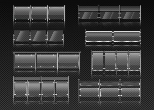 玻璃阳台栏杆。阳台围栏。有机玻璃栏杆。扶手板板材。建筑物中的铁楼梯。建筑元素。透明的栏杆。矢量逼真外壳集图片下载