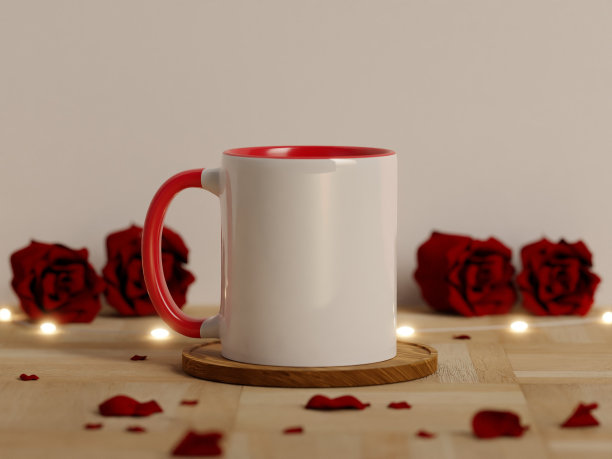 11盎司白色和红色陶瓷杯与明亮的灯光和红玫瑰不集中在木地板上图片下载
