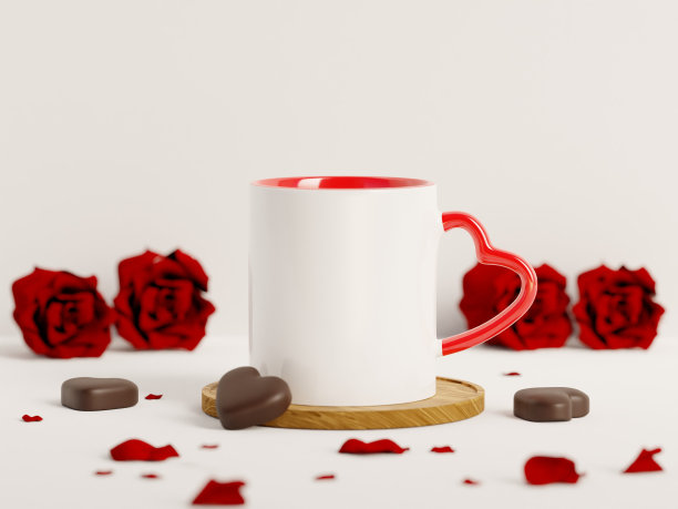 情人节白色底心形咖啡杯，上面有红玫瑰、花瓣和巧克力图片下载