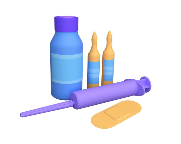 药瓶里装着药片，贴片和注射器。三维渲染图片下载