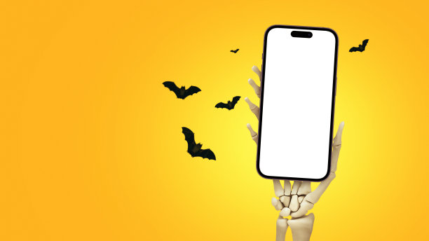Skeleton手里拿着一个智能手机模型，在橙色的蝙蝠背景上设计和复制空间。万圣节快乐。有创意的想法。”应用和游戏广告图片下载