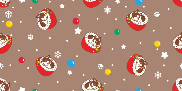 狗无缝图案法国斗牛犬圣诞节睡觉床圣诞老人矢量卡通雪花小狗宠物涂鸦礼物包装纸瓷砖背景重复壁纸插图围巾孤立的设计图片下载