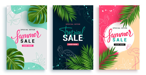 夏季销售矢量海报集设计。夏季销售特别提供文字与火烈鸟和热带季节的树叶图片下载