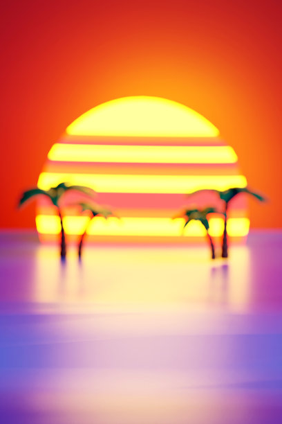 3d渲染80年代风格的海滩复古模糊背景。80年代复古时尚。复古风格的夏日景观。图片下载