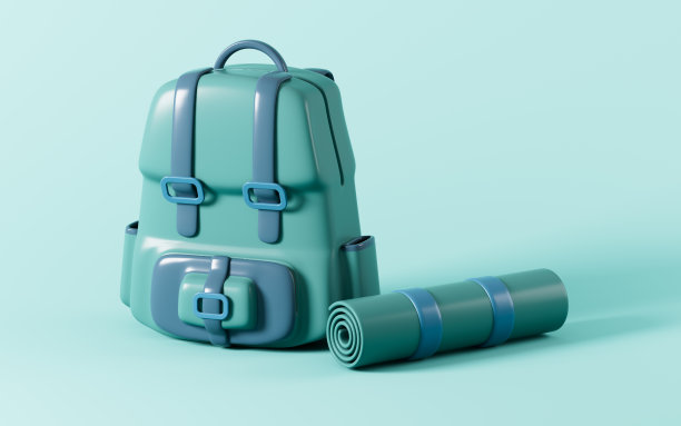 卡通徒步包和露营毯，3d渲染。图片下载