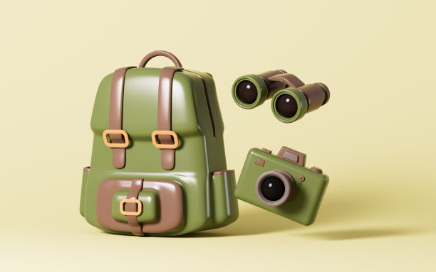 卡通徒步包，双筒望远镜和相机，3d渲染。图片下载