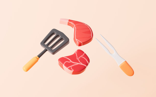 卡通肉和香肠在火上烤，卡通烧烤，3d渲染。图片下载