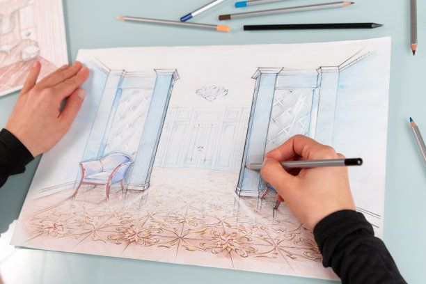 近距离室内设计师的手正在工作场所舒适的休息室的彩色手绘图片下载