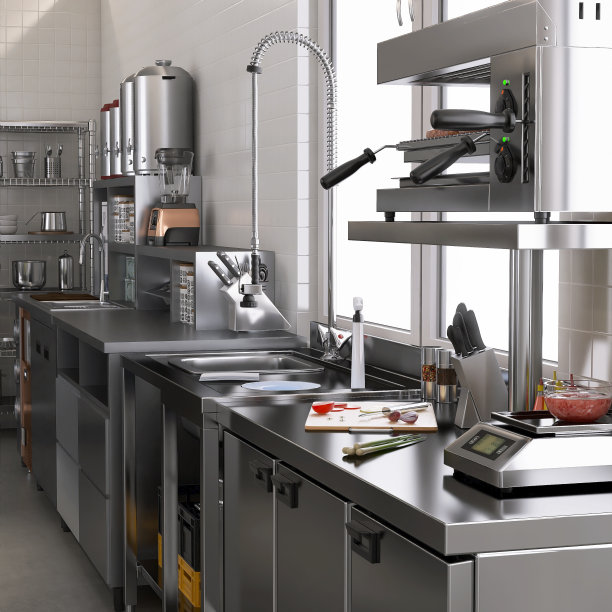 不锈钢洗涤水槽，水龙头可调，橱柜，白色瓷砖墙靠窗货架商业，专业餐厅，面包店厨房图片下载