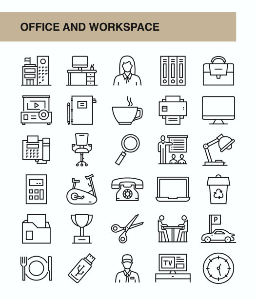 办公室和工作空间细线矢量图标集。设计是可编辑的，颜色可以改变。矢量创意图标集:办公桌，电话，办公用品，笔记本电脑，文件夹，打印机图片下载