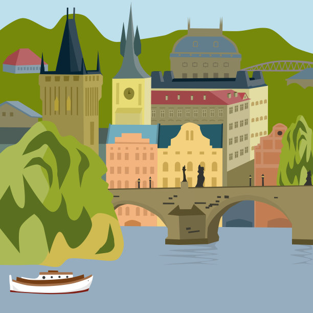 布拉格平面卡通插图在儿童风格捷克共和国，欧洲图片下载