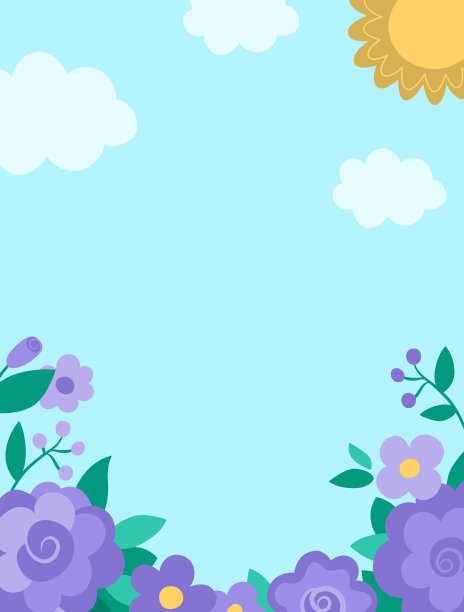 矢量蓝色抽象背景与花园，太阳，云。魔法或幻想世界场景与文本的位置。可爱的童话般的垂直自然景观。春季儿童插画图片下载
