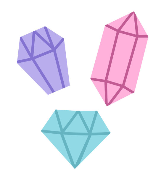 矢量平面风格晶体。独角兽宝藏概念。粉色，蓝色，紫色钻石图标。魔法或童话般的宝石装饰卡片孤立的白色背景图片下载