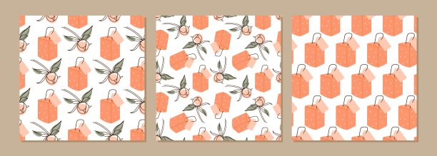 背景与鲜花和礼盒。三种图案设置。无缝假期背景。桃爱插画。牡丹花蕾无缝图案。墙纸、包装纸、纺织品插图。图片下载