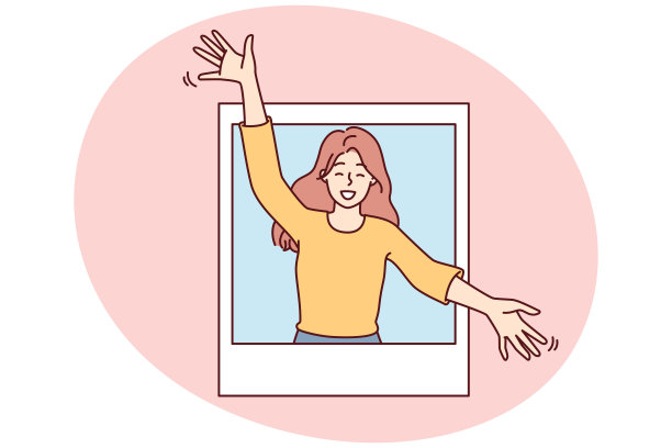 开心的女人从照片中偷看，张开双臂拥抱你，给你带来好心情图片下载