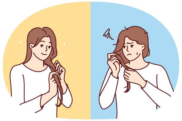 不快乐的女人审视有问题的头发，微笑的女孩对自己的发型感到满意。矢量图图片下载