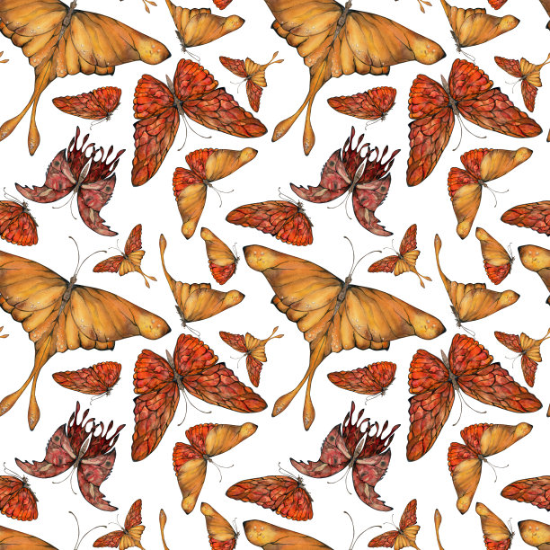 手绘水彩插画蝴蝶仙女翅膀宝石水晶虫蛾。琥珀石榴石，太阳石玛瑙红宝石。无缝图案隔离在白色背景。设计印刷，商店，婚礼，包装图片下载