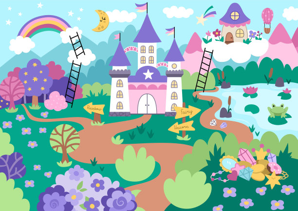 矢量独角兽主题景观插图。童话般的场景，有城堡、彩虹、森林、池塘、宝藏、山脉、花园。神奇的自然背景。孩子们的幻想世界图片图片下载