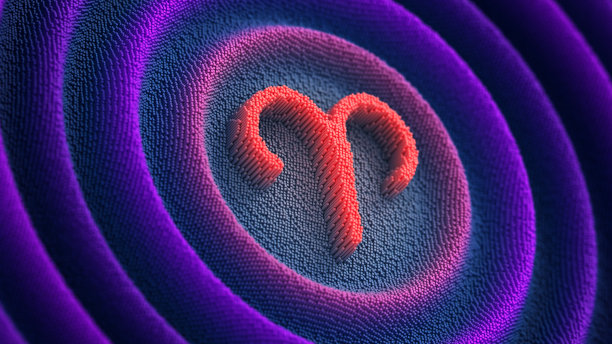 星座白羊座在未来的霓虹灯波浪像素化的背景。3 d演示。图片下载