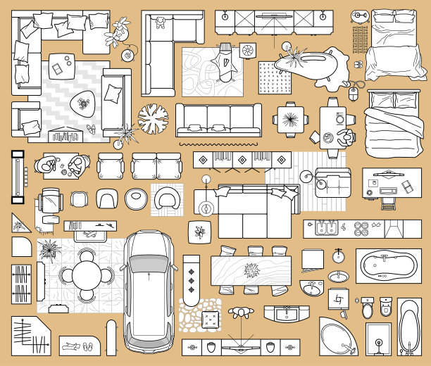 设计室内和建筑项目的平面图图标集(从上面看)。家具细线图标在顶视图布局。蓝图的公寓。向量图片下载
