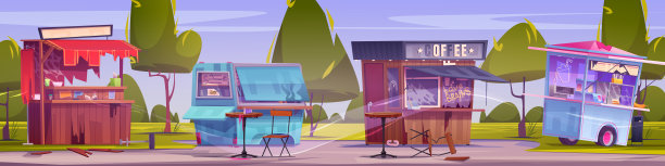 街头食品市场，有废弃和破损的售货亭图片下载