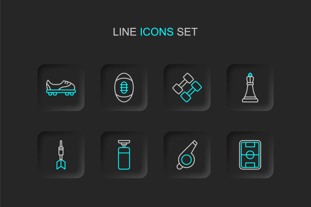 集线足球场，哨子，沙袋，镖箭，国际象棋，哑铃，美国和鞋的图标。向量图片下载