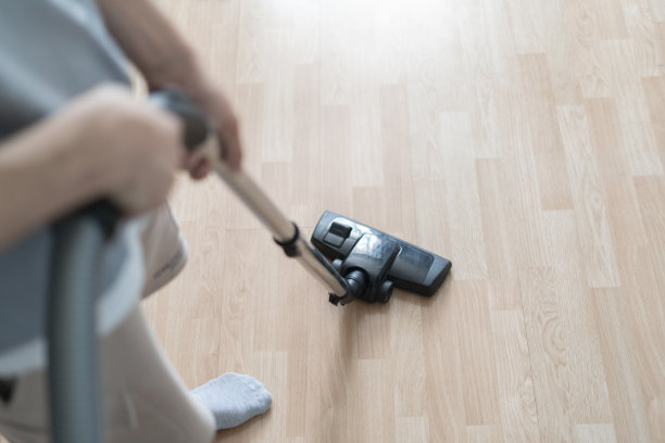 这张照片拍摄了一个人用现代家用吸尘器清洁硬木地板的特写镜头，重点是家务的效率。图片下载