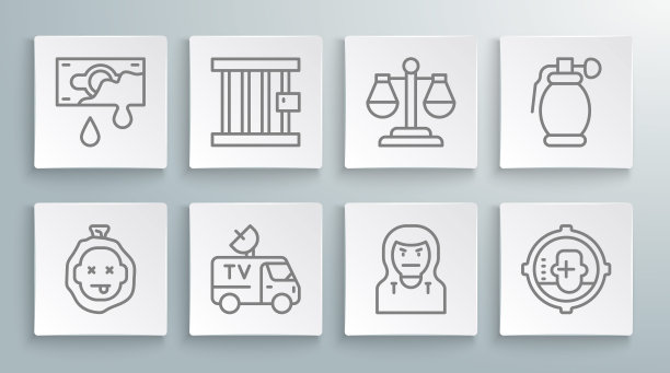 设置线谋杀，监狱窗口，电视新闻车，小偷面具，大头照，尺度的正义，手榴弹和血腥的钱图标。向量图片下载