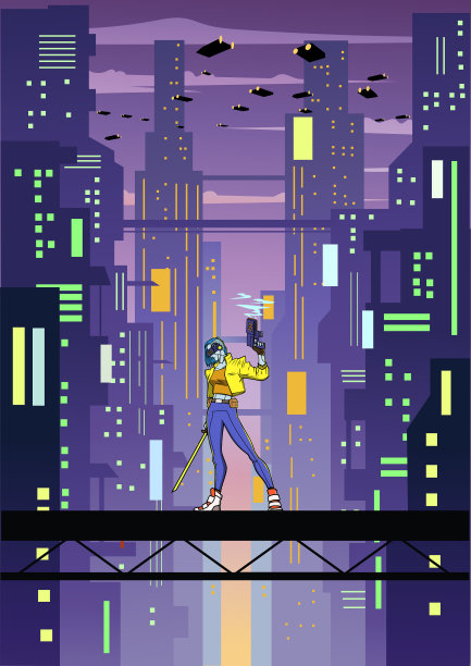 矢量女雇佣兵在赛博朋克城市矢量插图图片下载