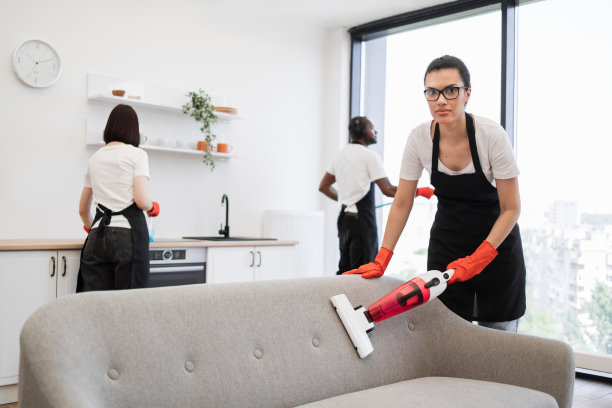 清洁公司快乐的员工在明亮宽敞的家庭厨房里打扫卫生。图片下载