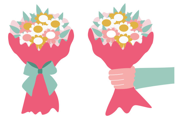 一套春天的花束。一个男人的手给包裹的花。情人节，婚礼，生日设计艺术。矢量插图在平面设计隔离白色的明信片，横幅，卡片。图片下载