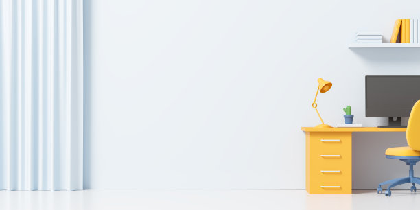 卡通ceo室内与桌子和电脑，货架和模型墙图片下载