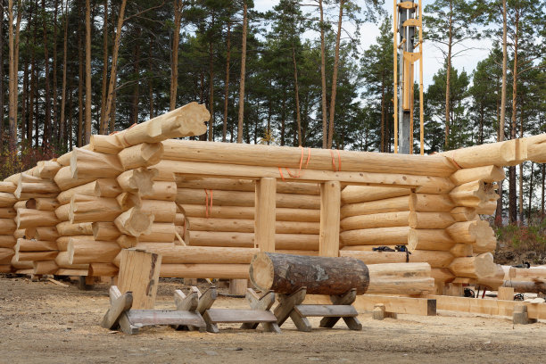 木屋的建筑工地。用原木建造的传统小木屋。平房设计图片下载