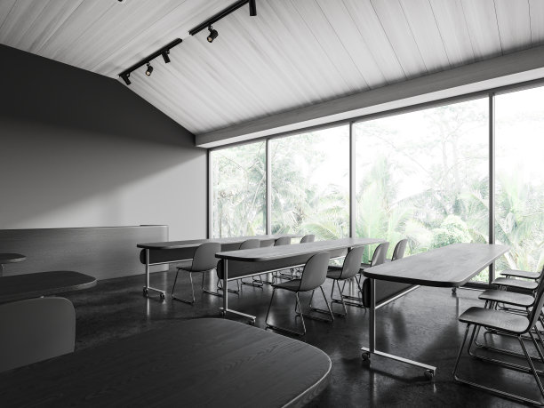 现代黑暗的观众室内，椅子和桌子排成一排，全景窗户图片下载