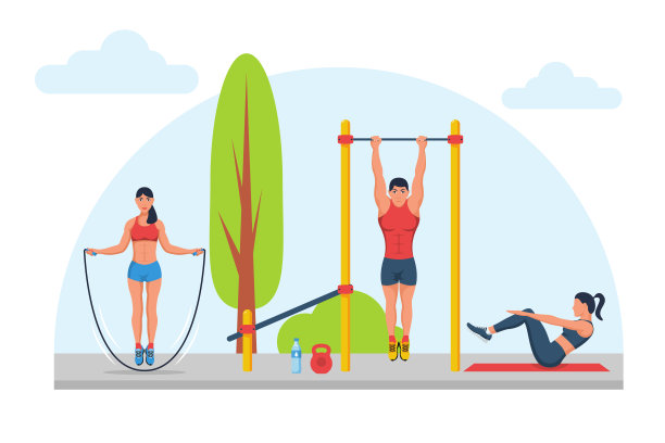 锻炼区域。男子在单杠上引体向上。女孩跳绳。图片下载