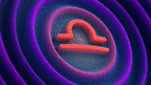 星座天秤座在未来的霓虹灯波浪像素化的背景。3 d演示。图片下载