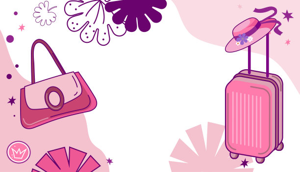 粉红色的行李箱在车轮和包在涂鸦风格矢量背景图片图片下载