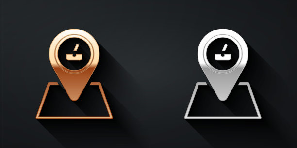 金色和银色野餐地点图标孤立的黑色背景。长影式。向量图片下载