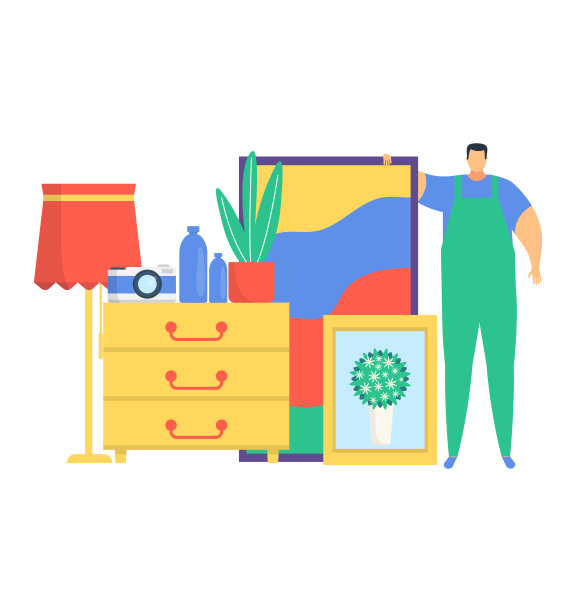 搬运工服务，男主角搬运工站着个人物品图片，衣柜和落地灯平面矢量插图，孤立在白色上。图片下载