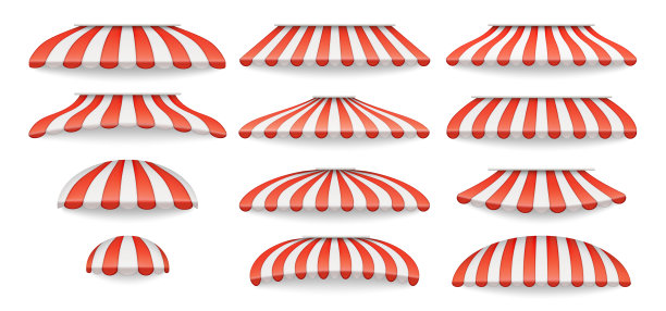 条纹红色遮阳篷的商店，咖啡馆或餐厅。带条纹的夏季储存帐篷被病媒隔离。桌子用雨伞，户外用遮阳伞。市场上的雨棚屋顶图片下载