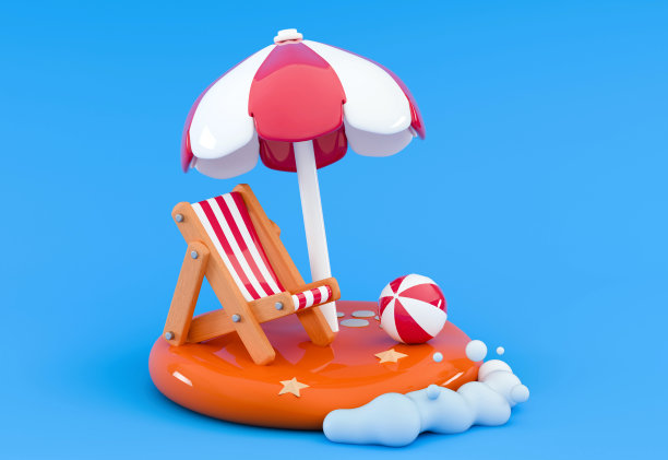 3d沙滩上的伞和太阳躺椅海滨度假暑假沙滩上的躺椅景观图片下载