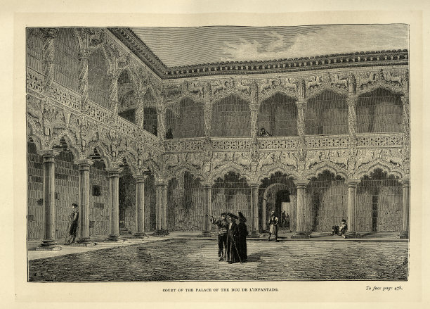 伊莎贝拉时期的建筑，西班牙瓜达拉哈拉的王宫。19世纪由古斯塔夫·多雷绘制图片下载