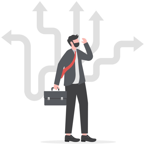 商人决定走哪条路，箭头指向许多方向。矢量插图。图片下载