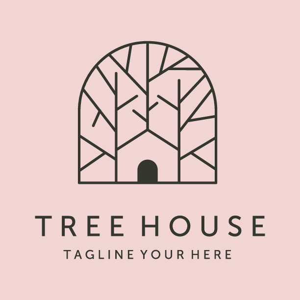 简单的树屋线条艺术标志矢量符号插图设计图片下载