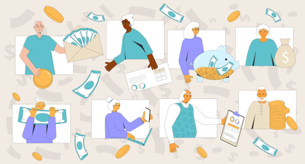 有钱的老人。老年人的退休理财知识。储蓄、投资和家庭预算。矢量插图。图片下载