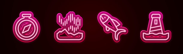 设置罗盘，北极光，鱼和灯塔。发光的霓虹灯图标。向量图片下载