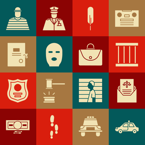 设置警车和闪光灯，传票，监狱窗口，羽毛笔，小偷面具，诉讼纸，囚犯和公文包图标。向量图片下载