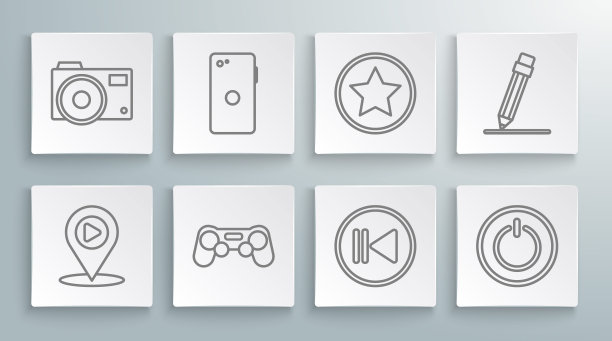 设置线数字媒体播放位置，智能手机，手机，手柄，倒带，电源按钮，星号，铅笔橡皮擦和照片相机图标。向量图片下载