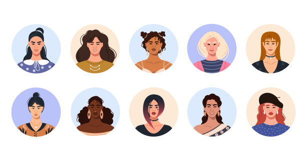 一组脸，女性角色的化身在一个圆形的框架图片下载