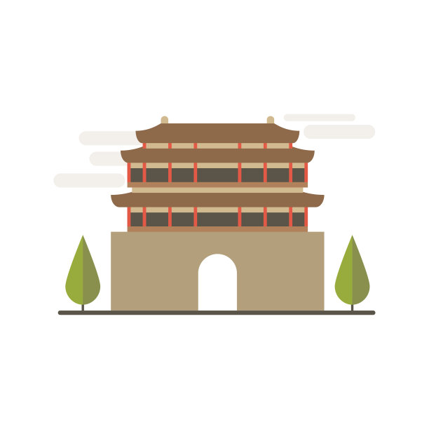 中国的卡通符号。热门旅游建筑对象:长城入口。图片下载